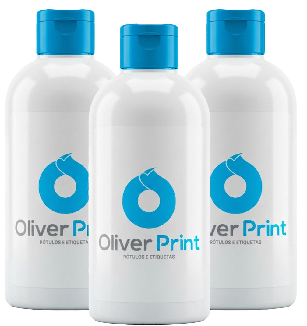 Frascos com rótulos brancos produzidos pela Oliver Print