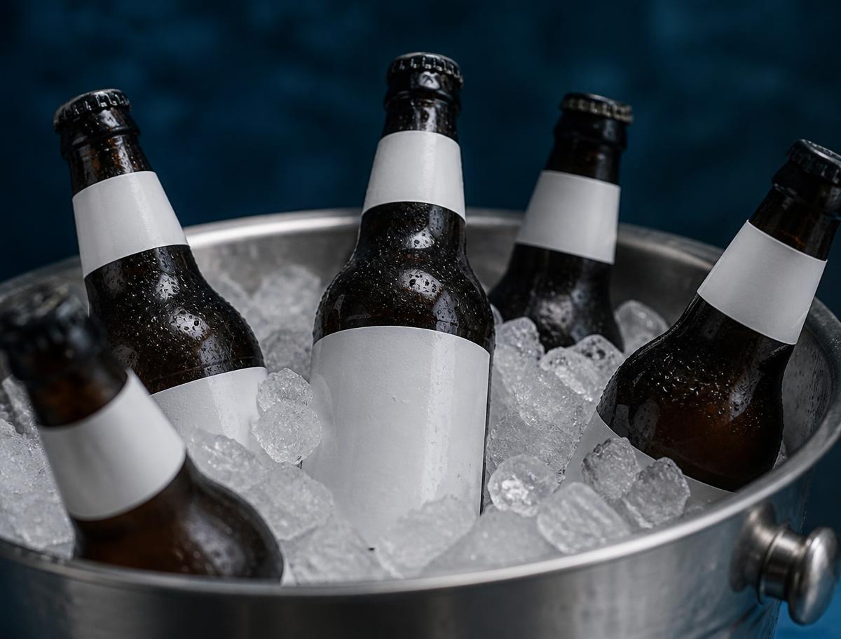 Garrafas de cerveja com rótulos íntegros dentro de um balde de gelo